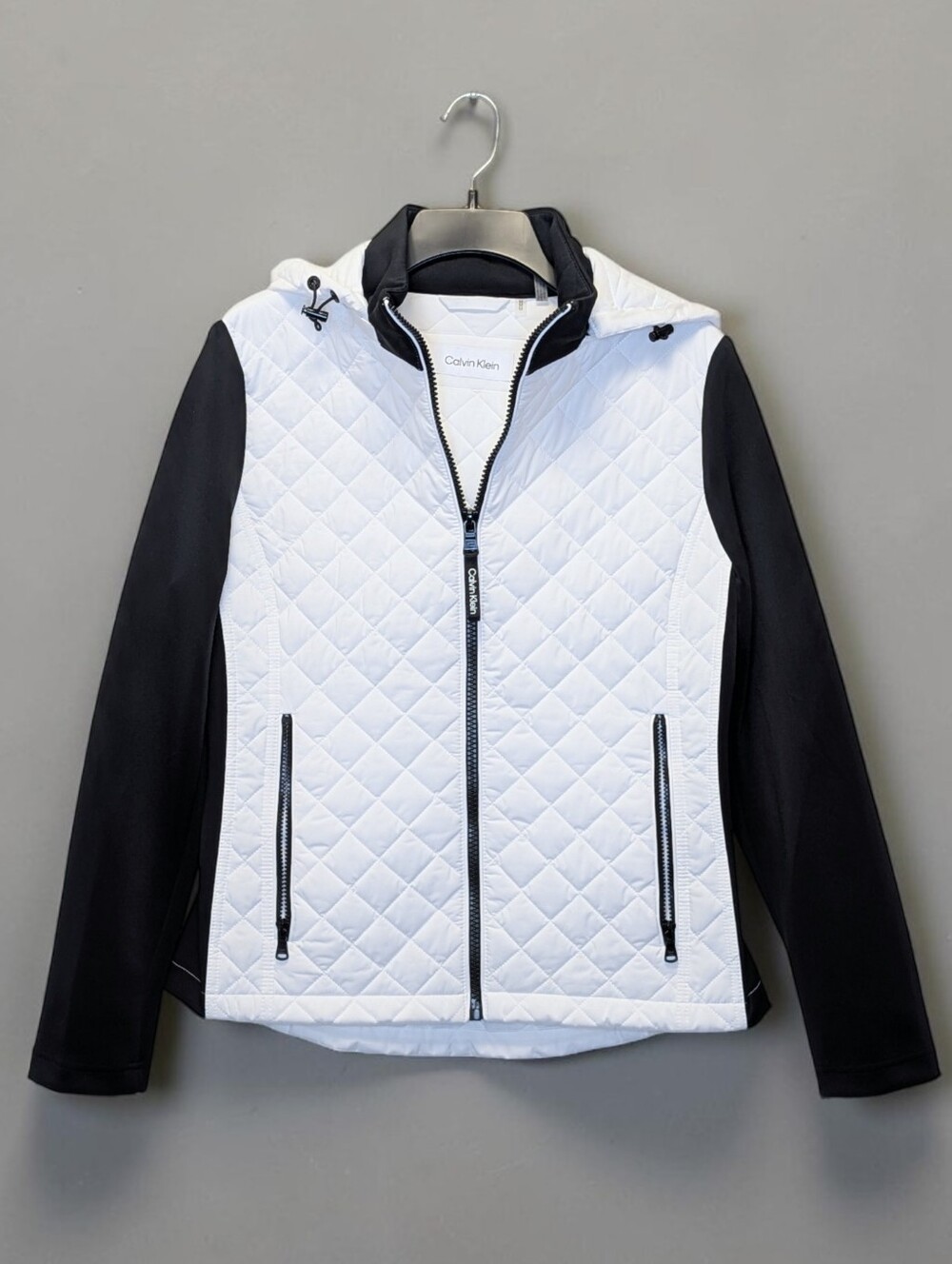 Calvin Klein M White Black Quilted Mixed Media Scuba Sleeve Hooded Jacket